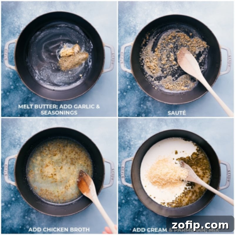Process shots showing butter melting, seasonings sautéing, chicken broth simmering, and Parmesan and cream being stirred into the broccoli pasta sauce