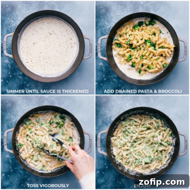 Process shots demonstrating simmering the sauce until thickened, adding pasta and broccoli, vigorously tossing, and serving the finished broccoli pasta