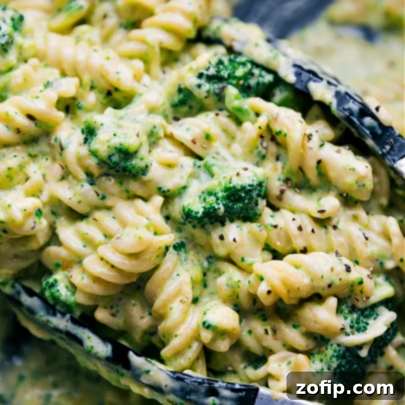 Close-up view of creamy Broccoli Pasta, showcasing its texture and rich sauce