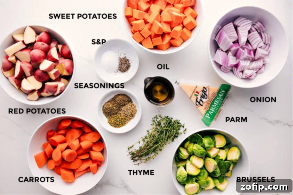 Fresh Ingredients for Roasted Vegetables A beautiful flat lay of all the fresh ingredients for the roasted vegetable recipe, including vibrant carrots, green Brussels sprouts, red potatoes, sweet potatoes, a red onion, a bottle of olive oil, and a selection of dried herbs and spices, prepped and ready for assembly.