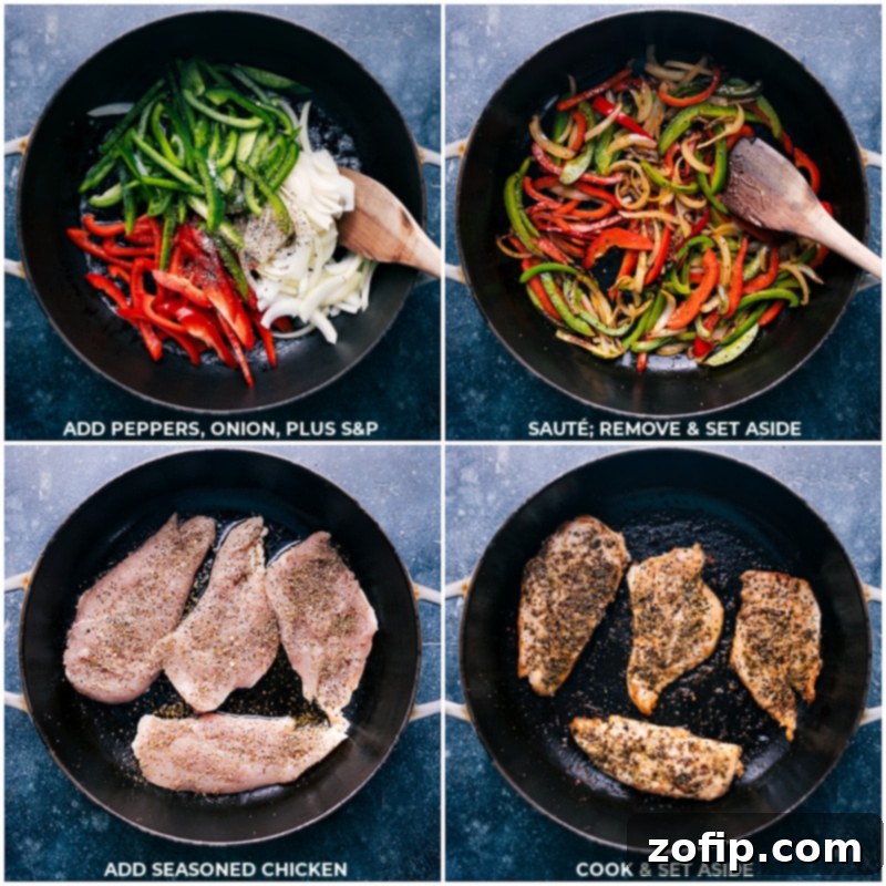 Sautéing peppers and onions, then cooking seasoned chicken for Baked Ziti With Chicken.