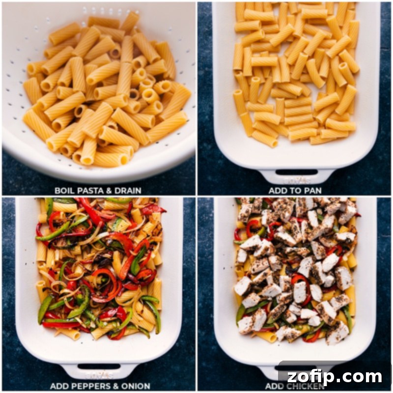 Process shots: boiled pasta, sautéed peppers and onion, and cooked chicken being combined in a baking dish for Baked Ziti With Chicken.