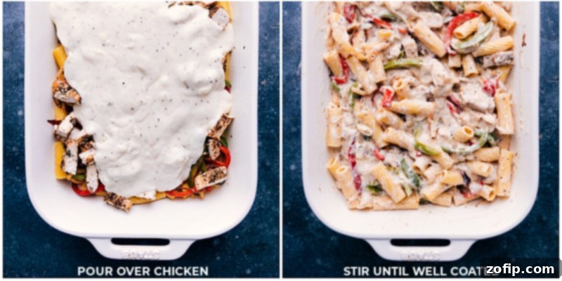 Process shots: Pouring the creamy Provolone sauce over the cooked chicken, peppers, and pasta, then stirring to combine.
