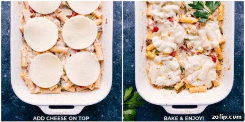 Process shots: Adding cheese on top, then baking until golden brown, and serving the Baked Ziti With Chicken.