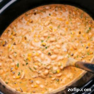 Creamy Crockpot White Chicken Chili 2 Creamy Crockpot White Chicken Chili in a bowl with toppings.