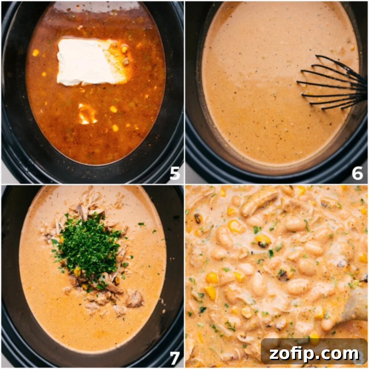 Creamy Crockpot White Chicken Chili Recipe Cream cheese, shredded chicken, and fresh herbs are being stirred into the slow cooker.