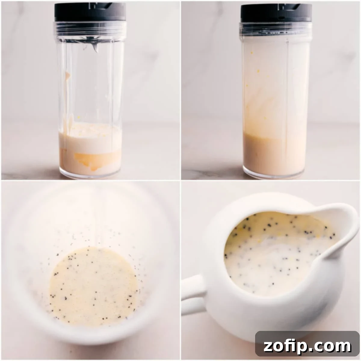 A smooth, creamy poppy seed dressing in a glass jar with poppy seeds visibly mixed in, ready to be poured over the Blackberry Salad.