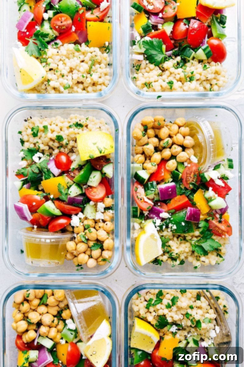 How To Make Greek Couscous Bowls 6 different meal prep containers of dinner for the next week with ideas on how to assemble it all.