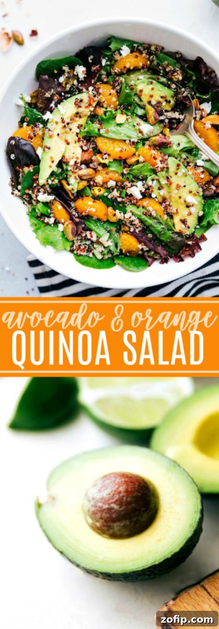 Delicious and healthy Citrus Quinoa Salad with fresh clementine oranges, creamy avocado, crunchy pistachios, and tangy goat cheese, drizzled with a bright citrus vinaigrette.