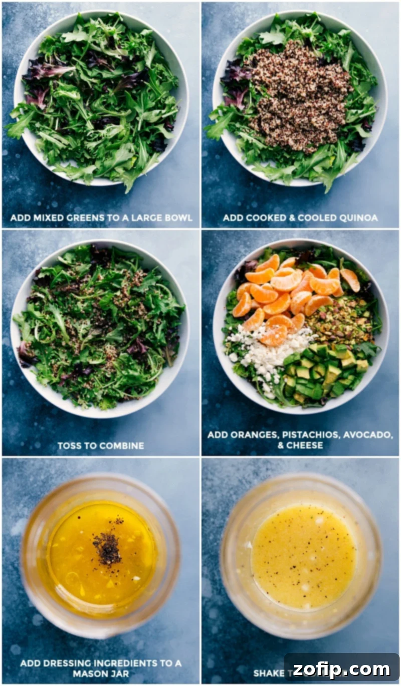 Process shots showing various ingredients like mixed greens, cooked quinoa, clementine oranges, pistachios, avocado, and goat cheese being prepared and mixed, along with the making of the citrus dressing.