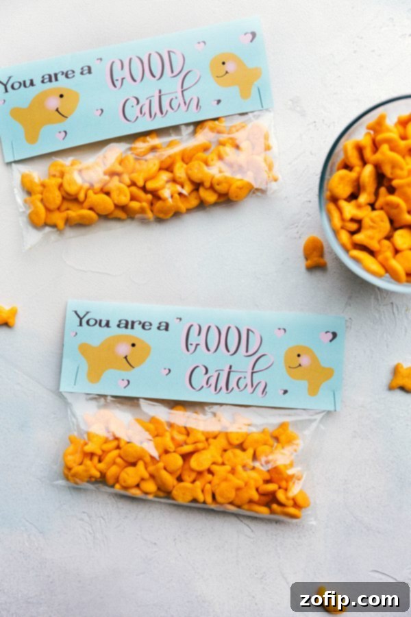 Simple Valentine's Day Gift Ideas 5 Cute 'You Are A Good Catch' Goldfish cracker Valentine's gift bag.
