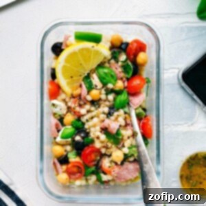Meal Prep Italian Couscous Salad 6 A vibrant and fresh Italian Couscous Salad in a bowl, perfect for a healthy and quick meal.