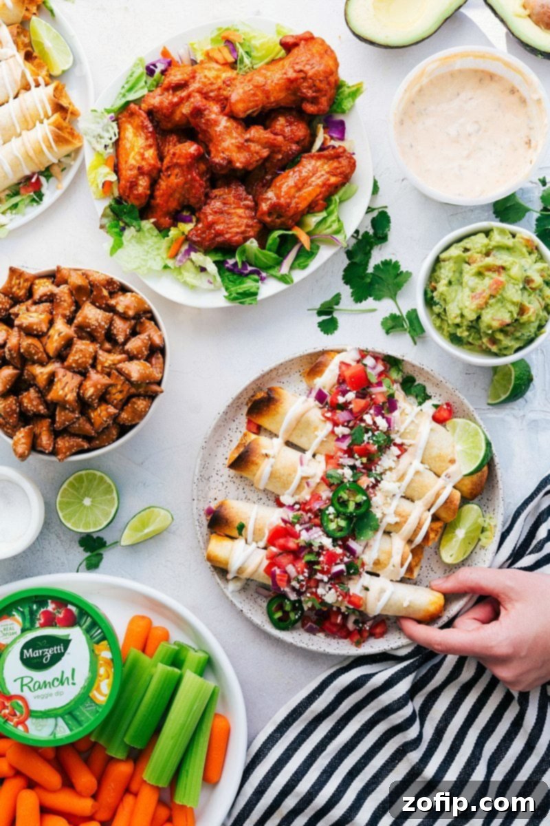 Crispy baked chicken taquitos arranged on a baking sheet, ready to be served with fresh toppings.