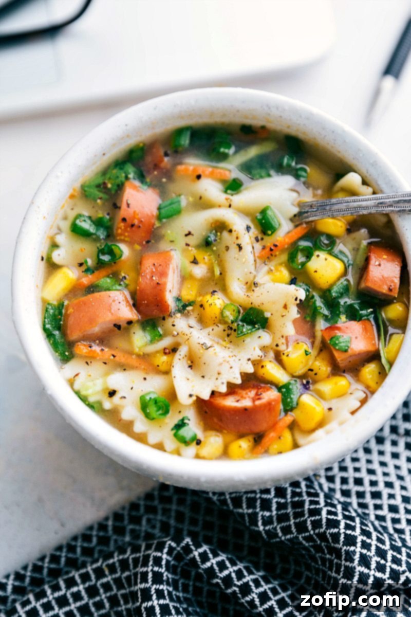 Cajun Sausage And Noodle Soup Recipe Cajun sausage and noodle soup in a bowl ready to be enjoyed, garnished with fresh green onions.