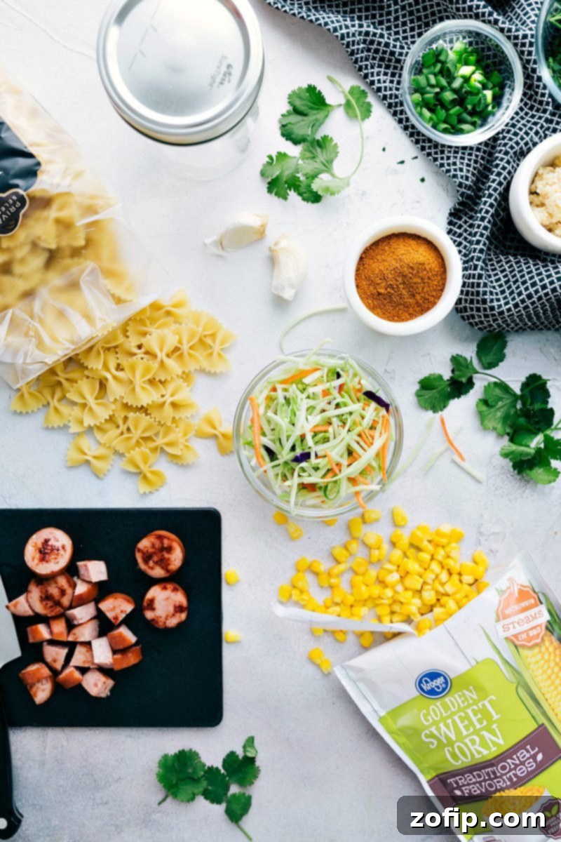 Ingredients In Instant Noodles Recipe Ingredients for the Cajun Sausage and Noodle Soup instant noodles recipe, including sausage, corn, broccoli slaw, and pasta.