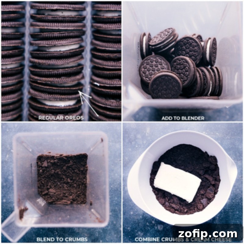 Making Oreo Truffles is easy! Start by crushing Oreo cookies, then mix with cream cheese. Dip in chocolate and add a fancy drizzle. These quick and simple treats are always a hit. Process images showing Oreo cookies being crushed into fine crumbs and then mixed with softened cream cheese to form the truffle base.