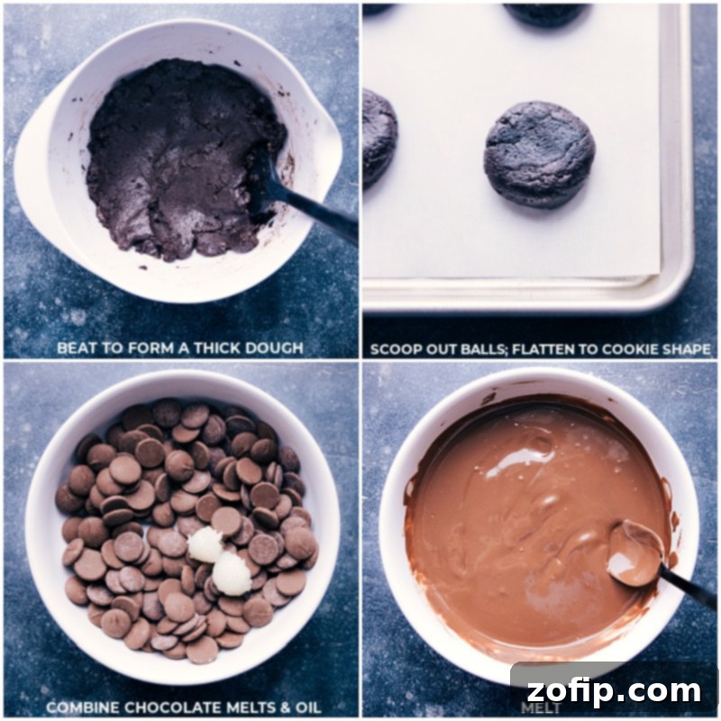 No-bake Oreo Truffles are easy and require just 5 ingredients! Roll crushed Oreos and cream cheese into shapes, then dip in melted chocolate. Add a fancy drizzle if you like! These popular treats are perfect for any occasion. Process images showing the Oreo truffle dough being rolled into cookie shapes and then chocolate chips being melted in a bowl.