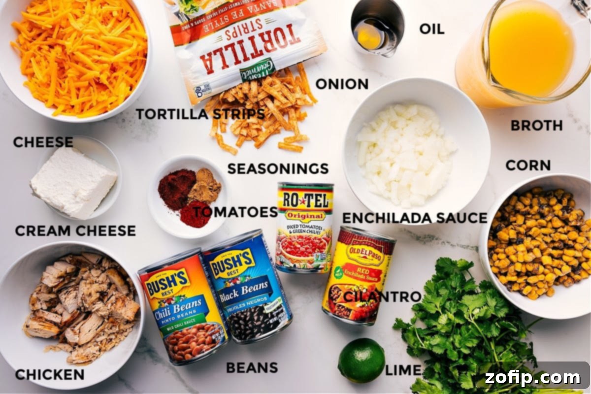 All the fresh and canned ingredients for chicken tortilla soup, neatly arranged and prepped on a countertop, including shredded cheese, tortilla strips, cream cheese, cooked chicken, black beans, chili beans, diced tomatoes, cilantro, chopped onion, lime, enchilada sauce, corn, chicken broth, olive oil, and seasonings.