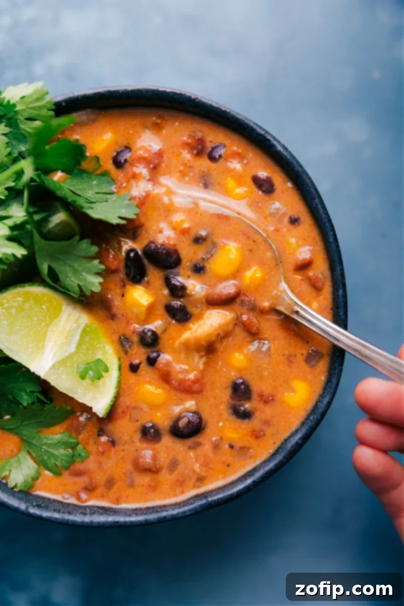 A close-up shot of a bowl of creamy chicken tortilla soup with a spoon dipping into it, showing the rich texture and ingredients.