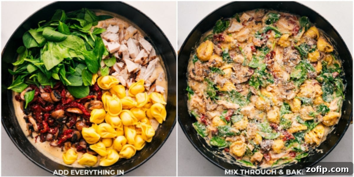All the cooked and prepared ingredients, including chicken, tortellini, and spinach, being added into the pot with the creamy sauce for Marry Me Chicken Tortellini.