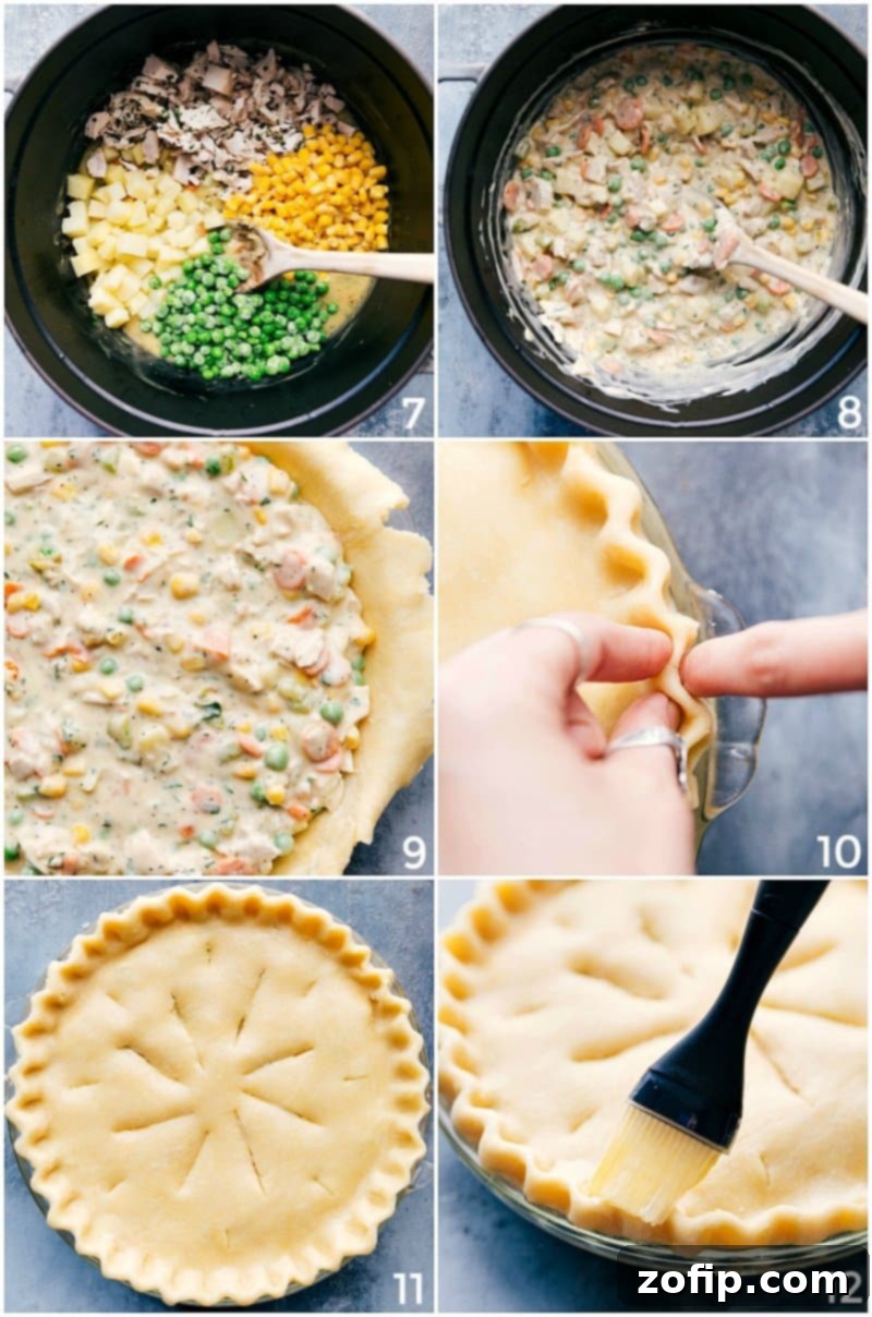 Filling being made and added to the crust, with the crust being brushed with butter, ready for baking.