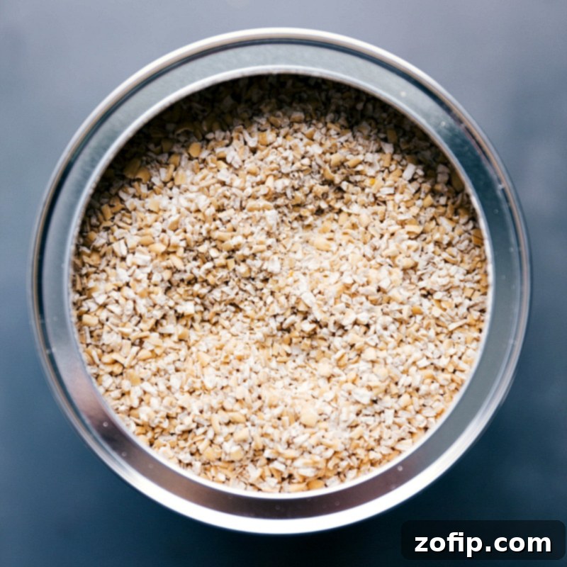 Container Filled with Raw Steel-Cut Oats Raw steel cut oats stored neatly in a container.
