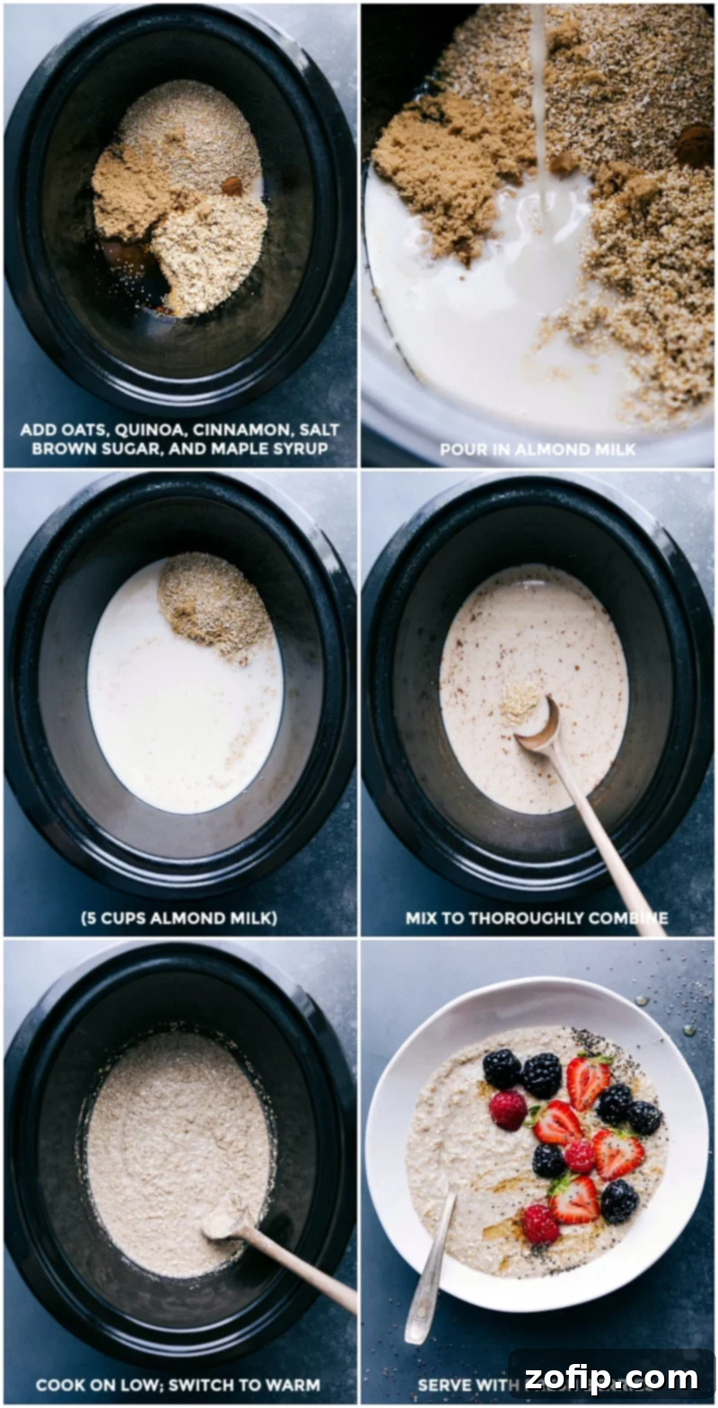Preparing Overnight Steel-Cut Oatmeal: Ingredients in Slow Cooker, Cooking on Low All ingredients being added to a slow cooker, mixed together, and set to cook on low.