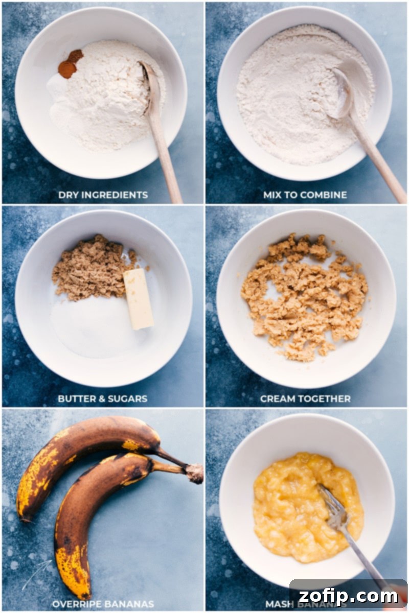 A visual guide showing the process of combining dry ingredients in one bowl and creaming together the wet ingredients in another, highlighting key preparation steps for perfect banana cupcakes.