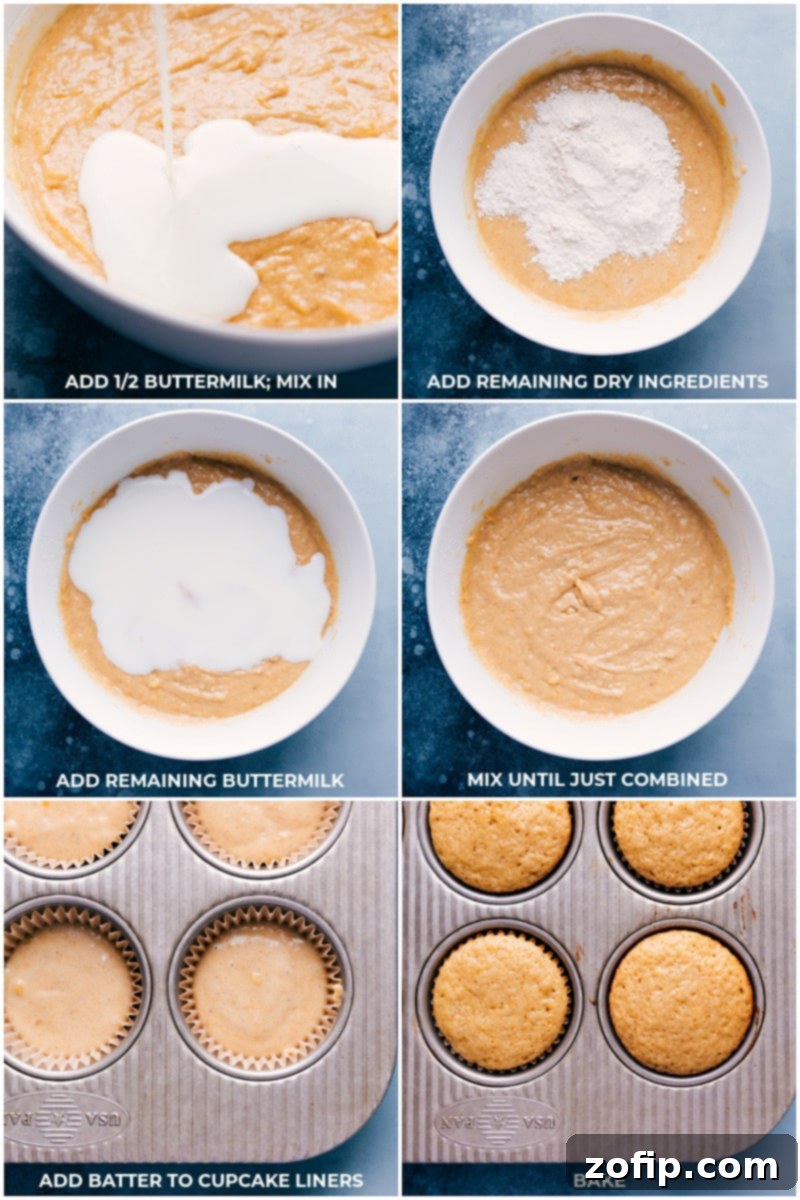 A batch of golden-brown banana cupcake batter neatly distributed into muffin liners, ready for baking, promising a delicious outcome.