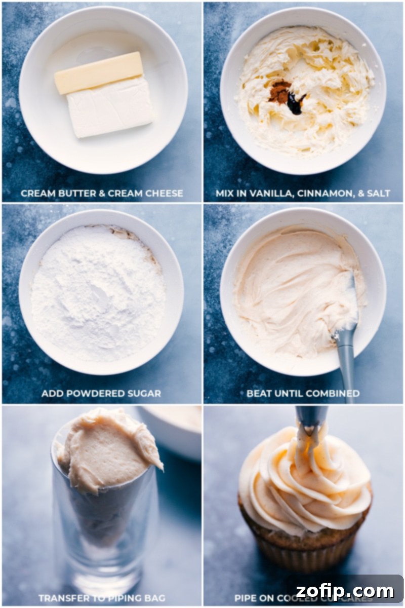 The smooth, creamy texture of homemade cream cheese frosting, ready to be piped onto delicious banana cupcakes, highlighting the final indulgent touch.