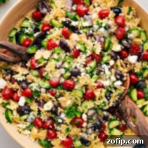 Easy Greek Pasta Salad in a bowl ready to be served, a perfect healthy meal.