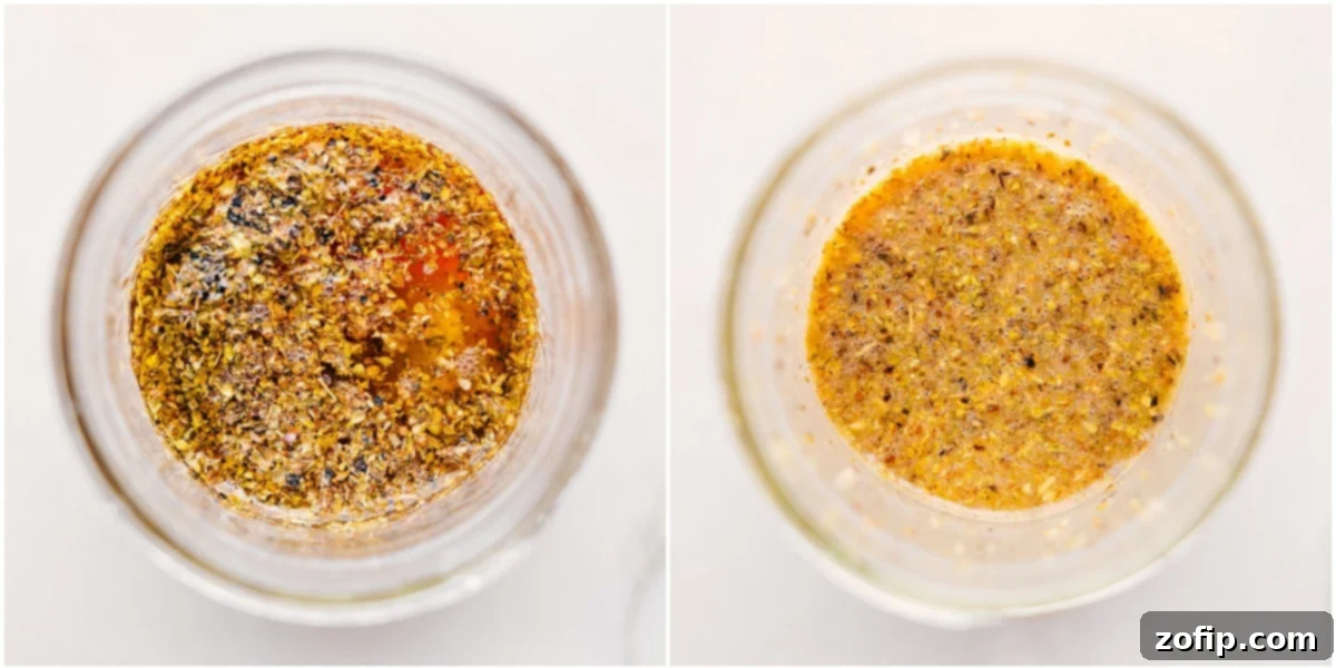 The homemade Greek salad dressing for this Greek Pasta Salad being prepared in a mason jar.