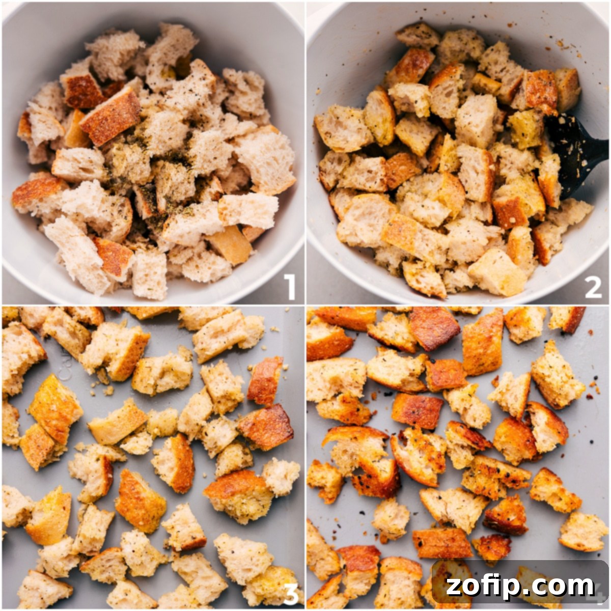 Toss the bread with seasonings, herbs, garlic, oil, and butter, then roast it to crispy perfection for the Panzanella salad.