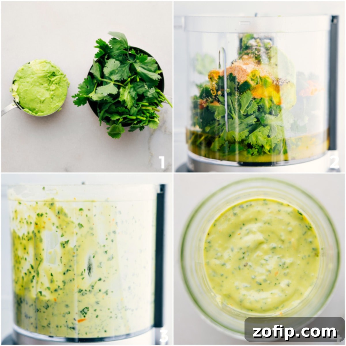 How To Make The Dressing For Mojo Salmon Bowls The vibrant ingredients for the Mojo Salmon Bowls dressing being pulsed and blended together in a food processor or blender until smooth.