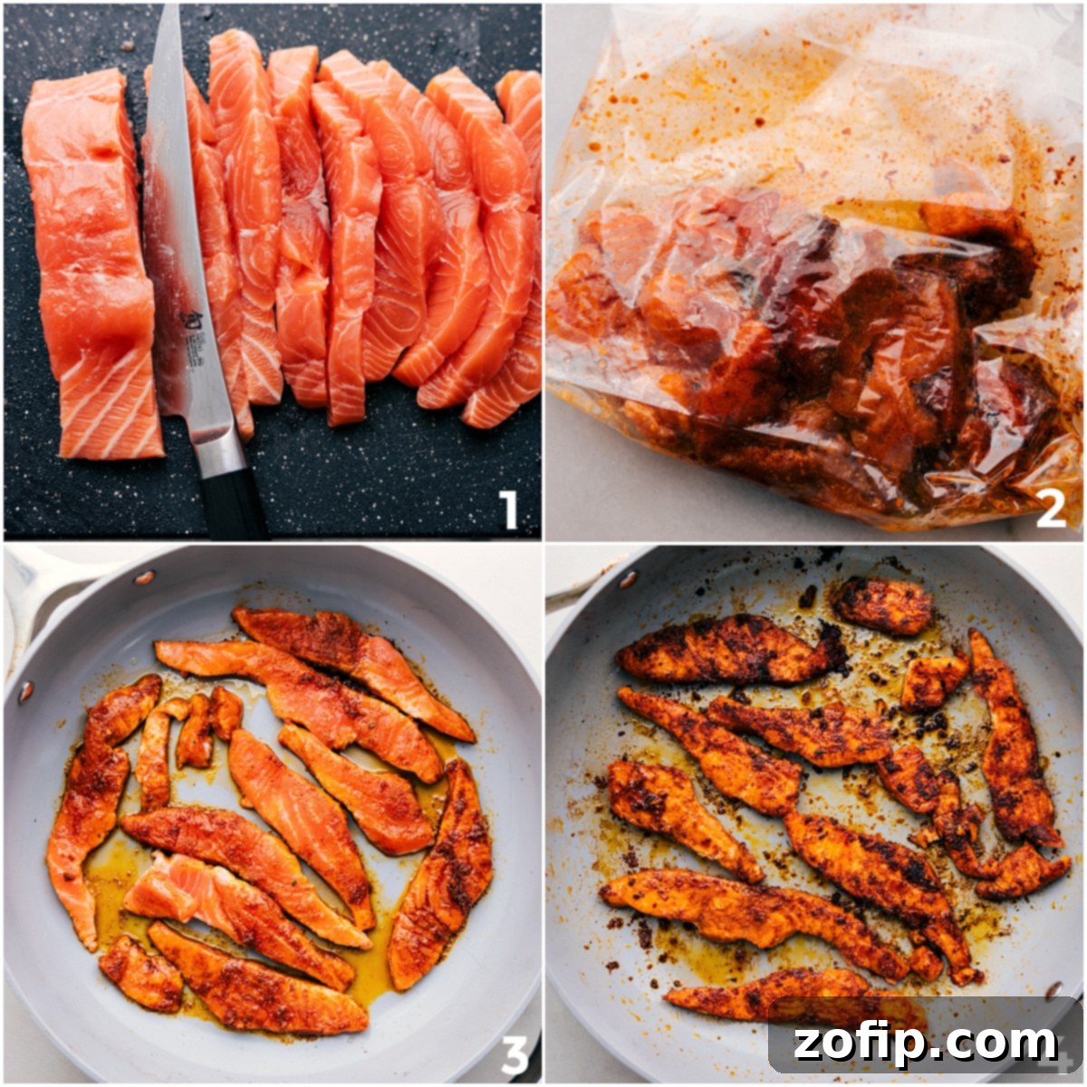 How To Make Mojo Salmon Bowls The step-by-step process of preparing the salmon: slicing, marinating, and cooking in a hot skillet for the Mojo Salmon Bowls.
