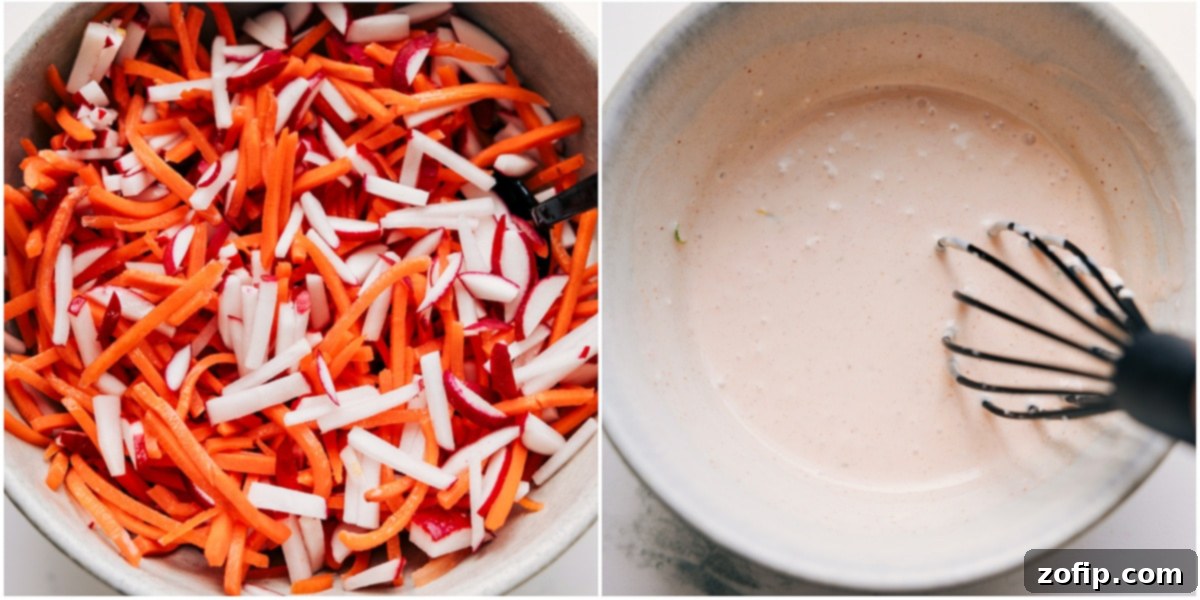 The Best Quick-Pickled Carrot and Radish Salad and Creamy Sauce for Banh Mi Bowls The vibrant pickled carrot and radish salad tossed together in a bowl, alongside the creamy Sriracha-lime sauce whisked together in another bowl, ready to top these Banh Mi Bowls.