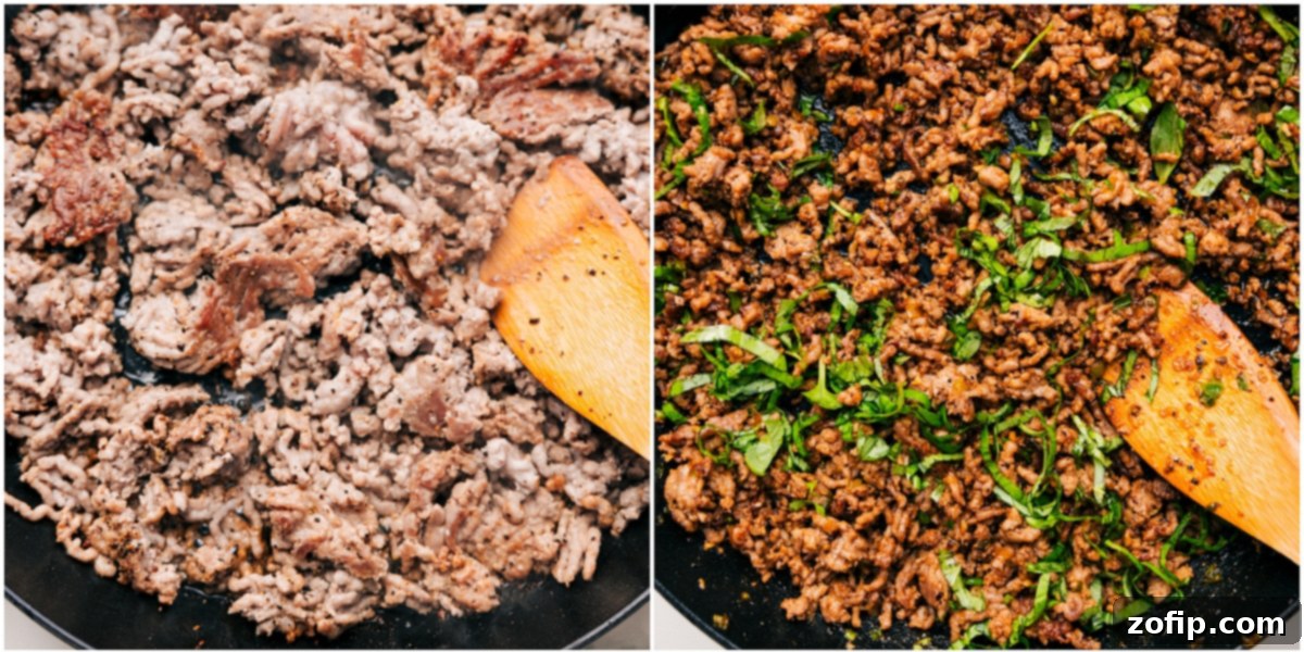 How to Perfectly Cook the Ground Pork for Your Banh Mi Bowls The savory ground pork mixture for the Banh Mi Bowls, perfectly browned and seasoned, cooked in a large pan.
