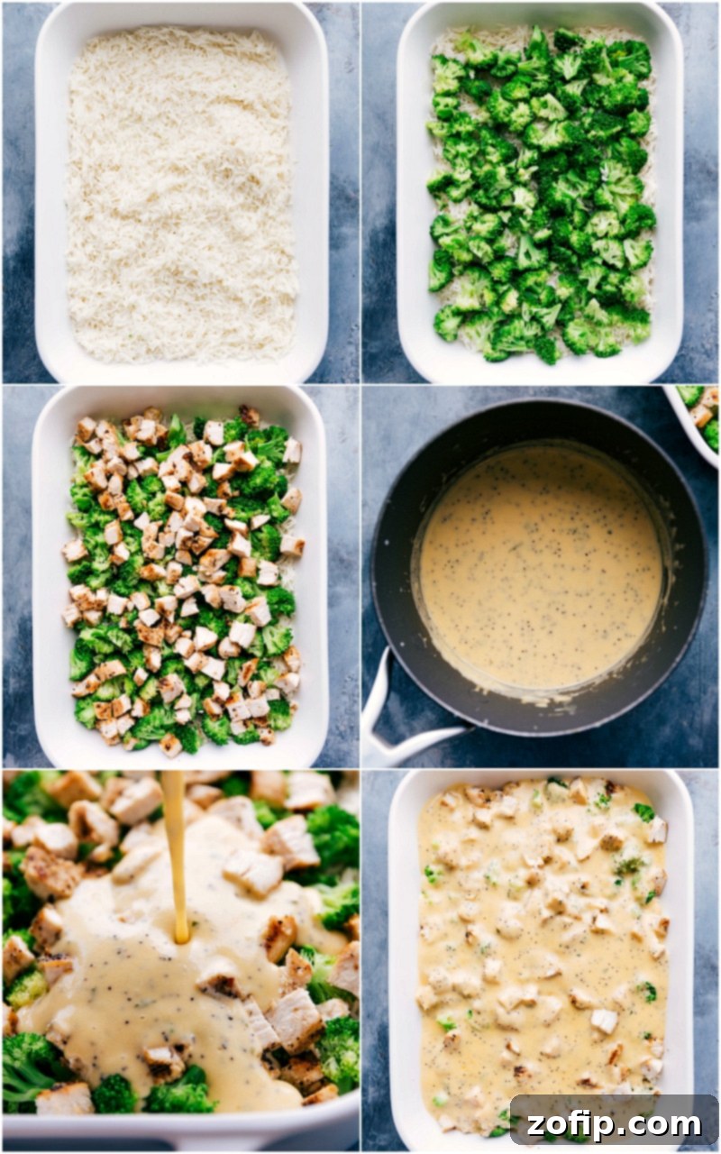 How To Make Chicken Poppy Seed Casserole Ingredients for Chicken Poppy Seed Casserole being carefully layered into a baking dish, step-by-step.