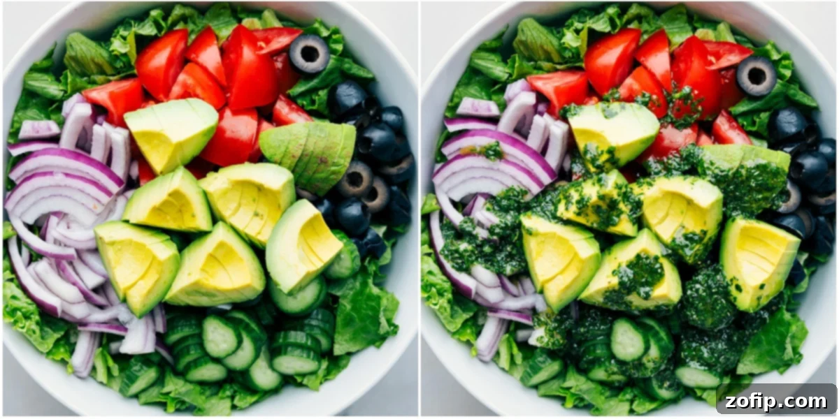 Mixing This Italian Salad Recipe All the fresh ingredients for the Italian Salad being combined in a large mixing bowl with the homemade dressing being poured over them.