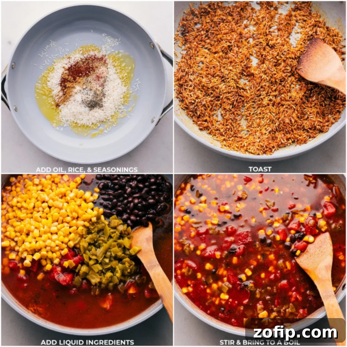 Olive oil, uncooked rice, and a vibrant blend of seasonings are toasted together in a large skillet, followed by the addition of liquid ingredients like tomatoes, enchilada sauce, and broth, brought to a gentle boil for One-Pot Burrito Bowls.