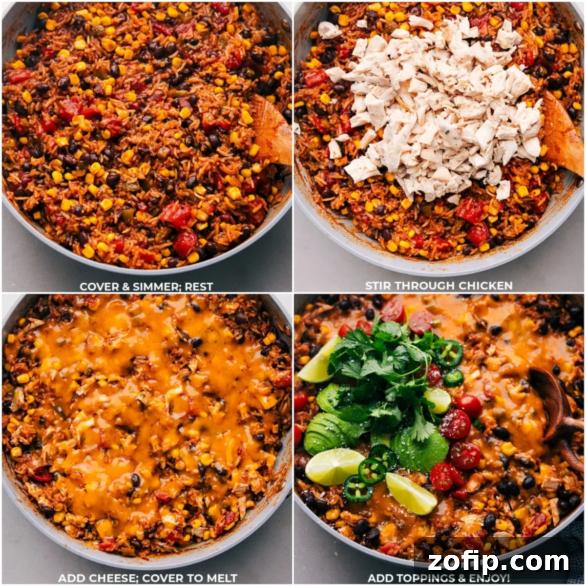 Cooked chicken being gently folded into the seasoned rice and bean mixture, followed by a generous layer of shredded cheese melting invitingly over the top, creating a rich and flavorful One-Pot Burrito Bowl.