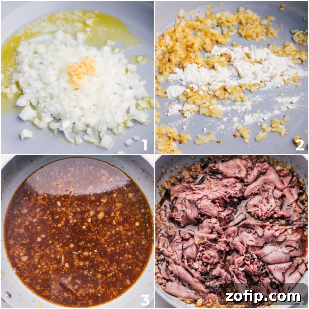 The onions being sauteed with the garlic and the roast beef being added into the rich au jus sauce for these French Dip Sandwiches.