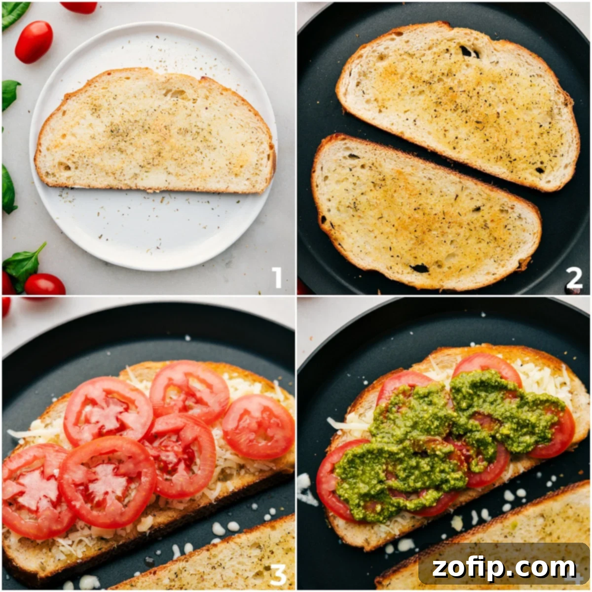 Step-by-step assembly of the Caprese Grilled Cheese: buttering and seasoning bread in a skillet, layering mozzarella, tomatoes, and pesto.