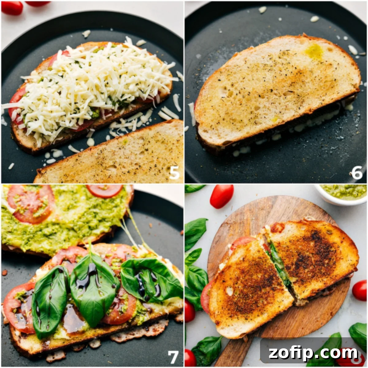 The Caprese Grilled Cheese cooking slowly in a skillet on the stovetop, achieving a perfect golden-brown crust and melted interior.