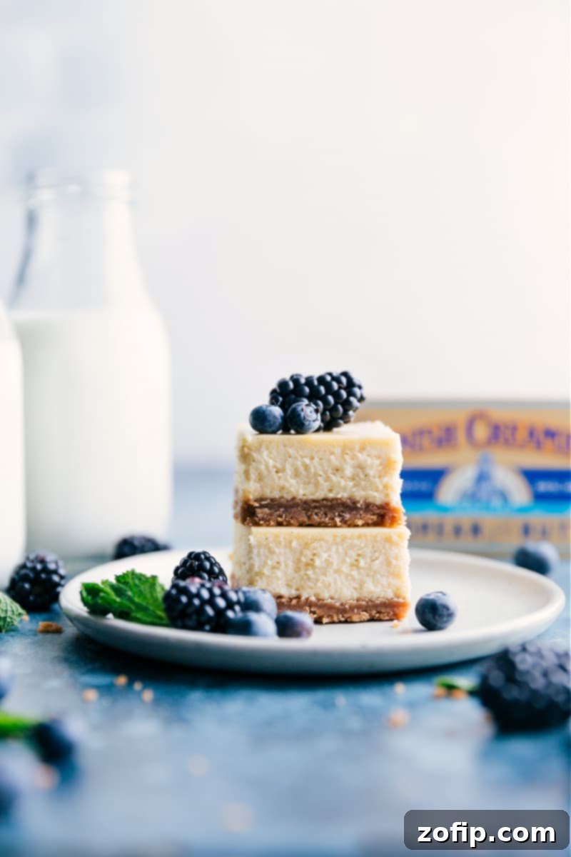 Beautifully stacked vanilla cheesecake bars with fresh berries, showcasing their creamy texture and thick graham cracker crust.
