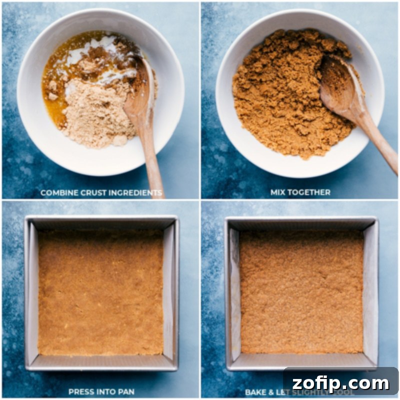 Step-by-step images showing graham cracker crumbs being mixed with butter and pressed into a baking pan for the cheesecake crust.