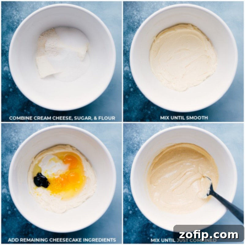 Process images showing cream cheese, sugar, and flour being mixed, followed by the addition of eggs, sour cream, and vanilla for the cheesecake filling.