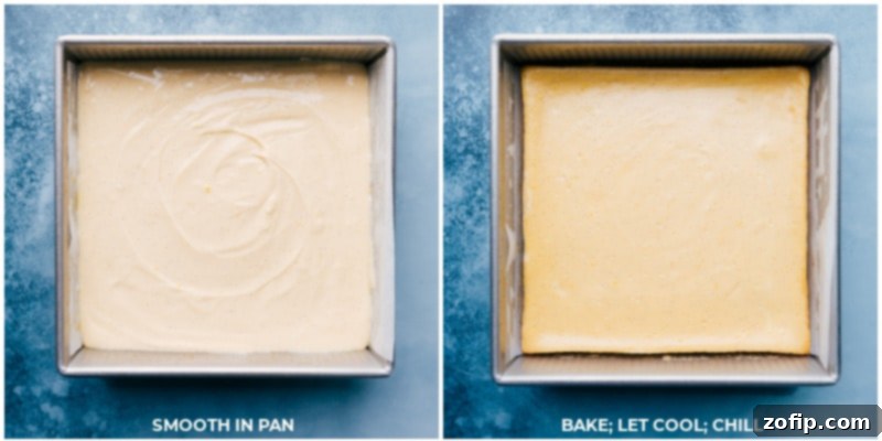 Images of the perfectly baked vanilla cheesecake bars, cooling gently before chilling.