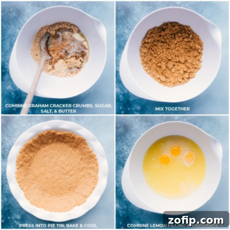 Images showing the graham cracker crust being prepped and baked, followed by the lemon pie filling ingredients being combined in a bowl.