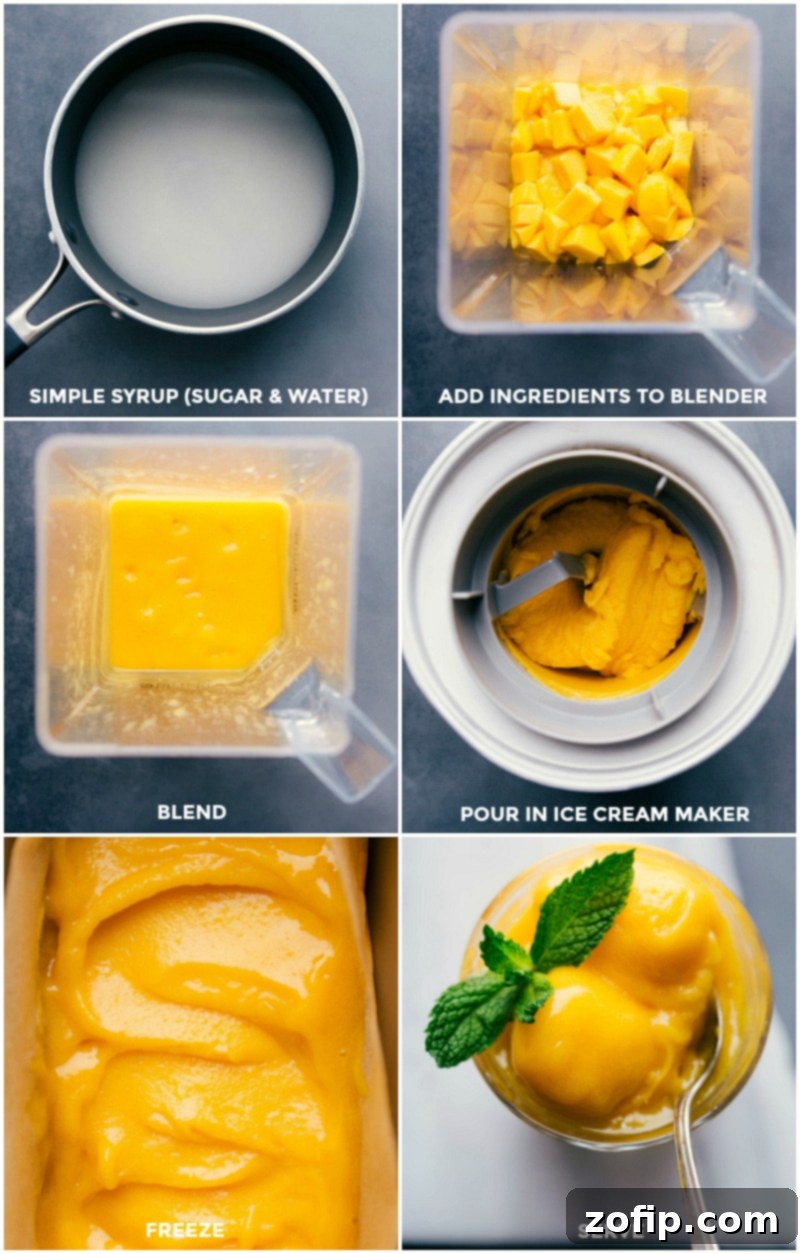 Our favorite creamy, fresh, tangy, and sweet Mango Sorbet made with honey mangoes and a hint of fresh lemon. This is the best summer treat! Recipe via chelseasmessyapron #dessert #best #quick #easy #simple #refreshing #summer #mint #mango #sorbet Process shots of making simple syrup, blending mangoes with syrup, and freezing the mixture for Mango Sorbet.